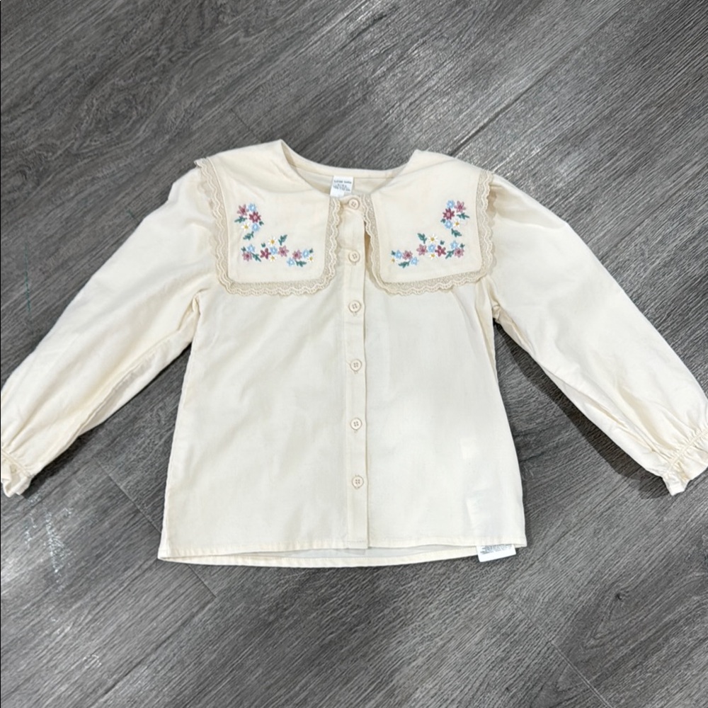 Cream Kids  Corduroy Shirt with Floral Embroidery